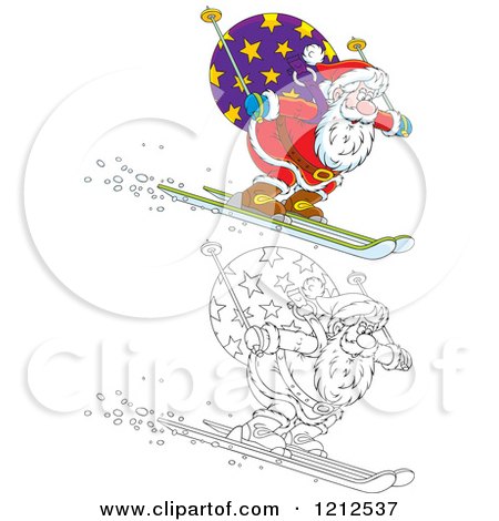 Cartoon of an Outlined and Colored Santa Skiing Downhill with a Sack on His Back - Royalty Free Vector Clipart by Alex Bannykh