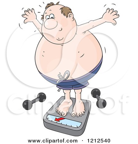 Cartoon of an Overweight Caucasian Man Standing on a Scale with Dumbbells on the Floor - Royalty Free Vector Clipart by Alex Bannykh