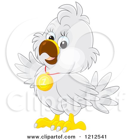 Cartoon of a Cute Gray Bird Waving and Wearing a First Place Medal - Royalty Free Vector Clipart by Alex Bannykh