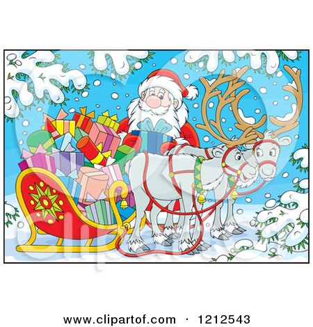 Cartoon of Santa Holding a Present by a Sleigh and Reindeer in the Snow - Royalty Free Vector Clipart by Alex Bannykh
