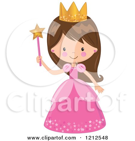 Cartoon of a Cute Brunette Princess Girl in a Pink Dress, Holding a Wand - Royalty Free Vector Clipart by peachidesigns