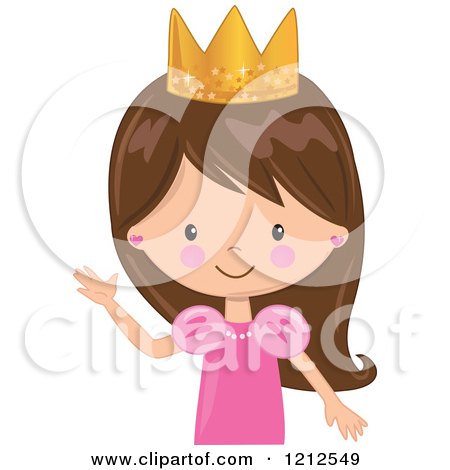Cartoon of a Cute Waving Brunette Princess Girl from the Belly up - Royalty Free Vector Clipart by peachidesigns