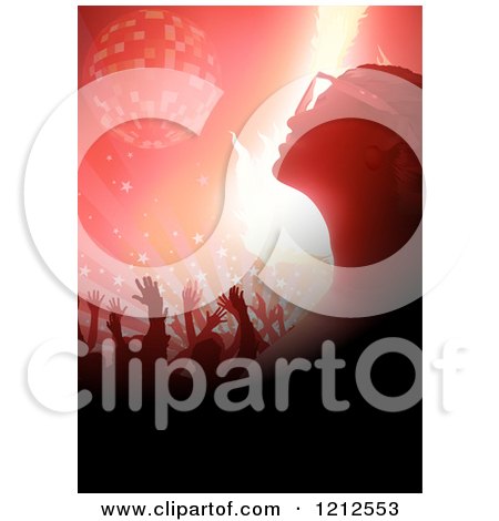 Clipart of a Silhouetted Woman and Crowd Under a Disco Ball and Red Lights - Royalty Free Vector Illustration by dero
