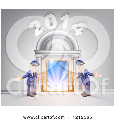 Cartoon of a New Year 2014 Venue Entrance with a VIP Red Carpet and Welcoming Friendly Doormen - Royalty Free Vector Clipart by AtStockIllustration