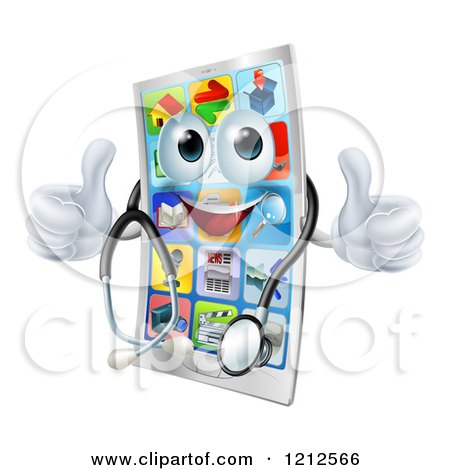 Cartoon of a Pleased Cell Phone Mascot Holding Two Thumbs up and Wearing a Stethoscope - Royalty Free Vector Clipart by AtStockIllustration