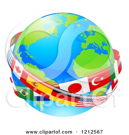 Clipart of a Globe Earth with National Flag Banners - Royalty Free Vector Illustration by AtStockIllustration