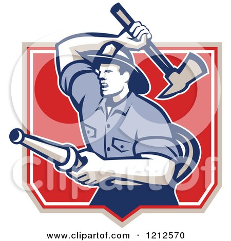 Clipart of a Retro Fireman with a Hose and Axe in a Shield - Royalty Free Vector Illustration by patrimonio