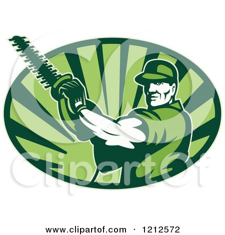 Clipart of a Retro Tree Horticulturist with a Hedge Trimmer over an Oval of Green Rays - Royalty Free Vector Illustration by patrimonio