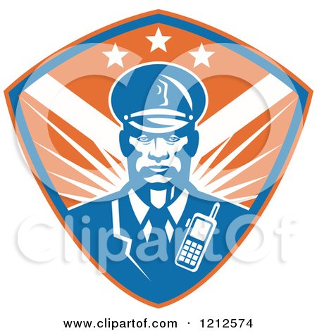 Clipart of a Retro African American Security Guard over a Blue and Orange Shield - Royalty Free Vector Illustration by patrimonio