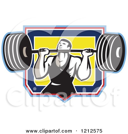Clipart of a Retro Strong Bodybuilder Lifting a Barbell over a Shield - Royalty Free Vector Illustration by patrimonio