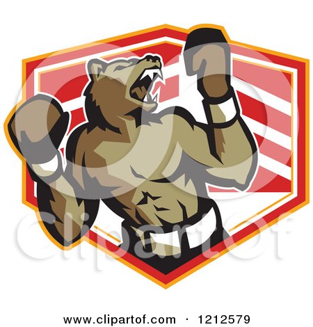 Clipart of a Growling Boxer Bear over a Shield - Royalty Free Vector Illustration by patrimonio