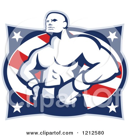 Clipart of a Retro Muscular Boxer over American Stars and Stripes - Royalty Free Vector Illustration by patrimonio