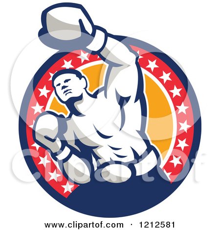 Clipart of a Retro Punching Boxer over a Circle of Orange and Stars - Royalty Free Vector Illustration by patrimonio