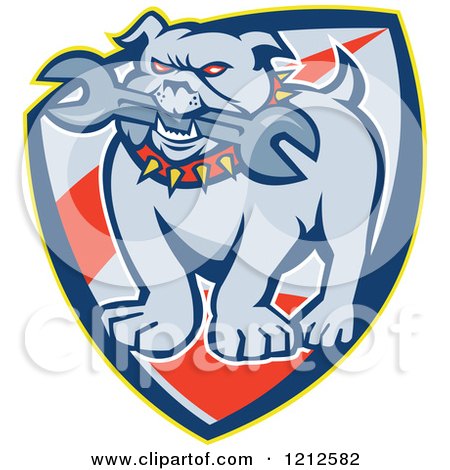 Clipart of an Angry Bulldog Biting a Wrench on a Shield - Royalty Free Vector Illustration by patrimonio