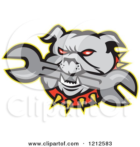 Clipart of an Angry Bulldog Biting a Wrench - Royalty Free Vector Illustration by patrimonio
