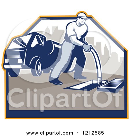 Clipart of a Retro Man Cleaning a Drainage System with a Hose and Truck - Royalty Free Vector Illustration by patrimonio