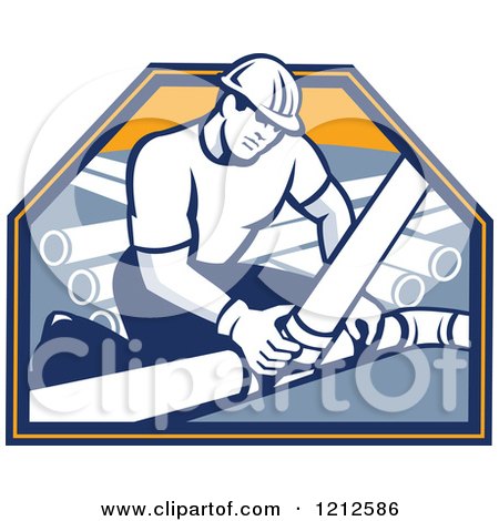 Clipart of a Retro Builder Connecting Drain Pipes - Royalty Free Vector Illustration by patrimonio