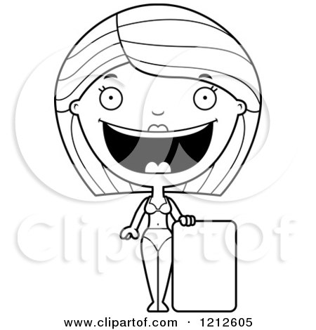 Cartoon of a Black and White Happy Woman in a Bikini, Standing by a Sign - Royalty Free Vector Clipart by Cory Thoman