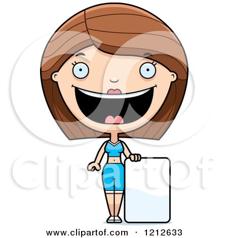 Cartoon of a Happy Fitness Personal Trainer Woman with a Sign - Royalty Free Vector Clipart by Cory Thoman
