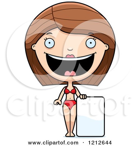 Cartoon of a Happy Woman in a Bikini, Standing by a Sign - Royalty Free Vector Clipart by Cory Thoman