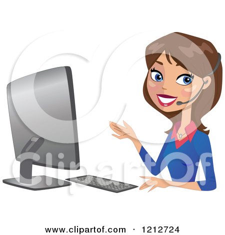 Clipart of a Happy Brunette Business Woman Wearing a Headset at a Computer - Royalty Free Vector Illustration by peachidesigns