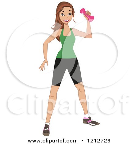Clipart of a Fit Brunette Woman Using a Dumbbell at the Gym - Royalty Free Vector Illustration by peachidesigns
