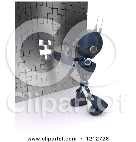 Clipart of a 3d Blue Android Robot Inserting the Last Piece to a Puzzle Wall - Royalty Free CGI Illustration by KJ Pargeter