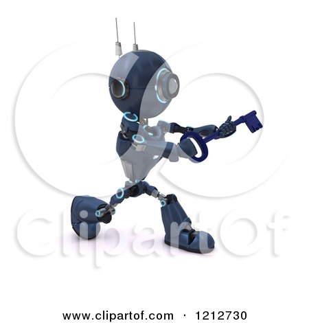 Clipart of a 3d Blue Android Robot Carrying a Skeleton Key - Royalty Free CGI Illustration by KJ Pargeter