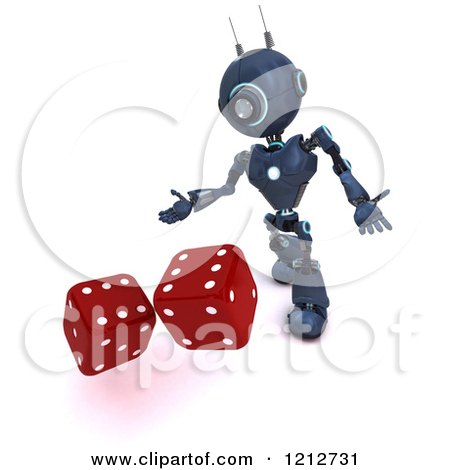 Clipart of a 3d Blue Android Robot Rolling Game or Casino Dice - Royalty Free CGI Illustration by KJ Pargeter
