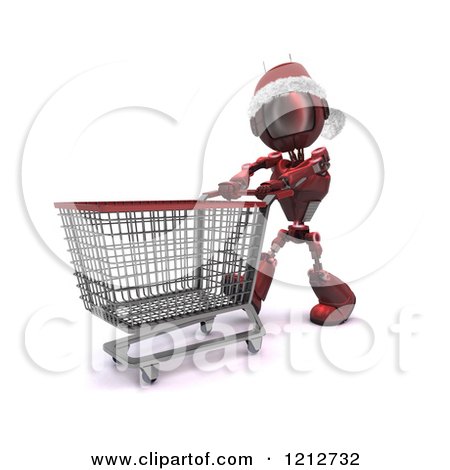 Clipart of a 3d Red Android Robot Wearing a Santa Hat and Pushing a Shopping Cart - Royalty Free CGI Illustration by KJ Pargeter