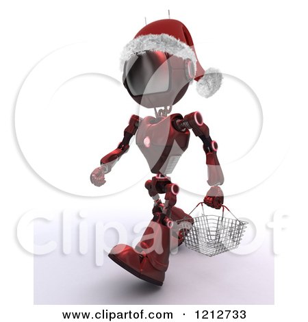 Clipart of a 3d Red Android Robot Wearing a Santa Hat and Carrying a Shopping Basket - Royalty Free CGI Illustration by KJ Pargeter
