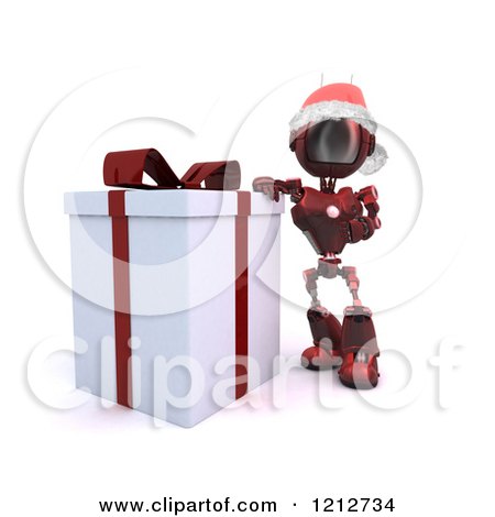 Clipart of a 3d Red Android Robot Santa Standing by a Gift Box - Royalty Free CGI Illustration by KJ Pargeter