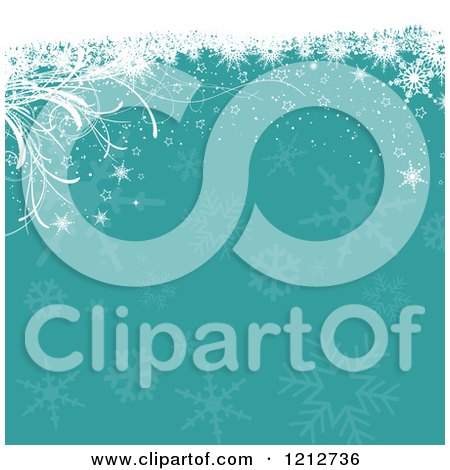 Clipart of a Christmas Background of White Grunge Stars and Plants over Turquoise Snowflakes - Royalty Free Vector Illustration by KJ Pargeter