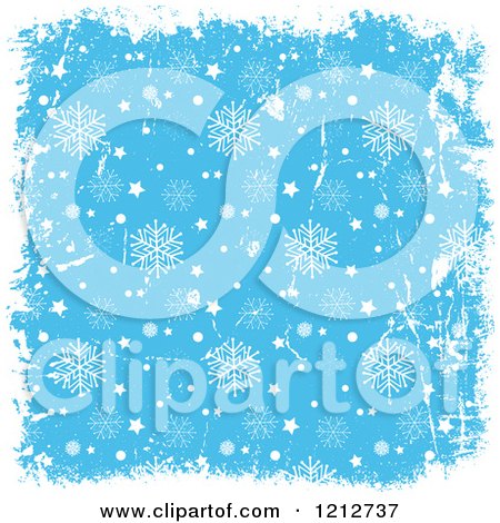 Clipart of a Christmas Background of White Grunge and Stars Bordering Blue with Snowflakes - Royalty Free Vector Illustration by KJ Pargeter