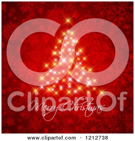 Clipart of a Merry Christmas Greeting over a Sparkle Tree on Red Snowflakes - Royalty Free Vector Illustration by KJ Pargeter