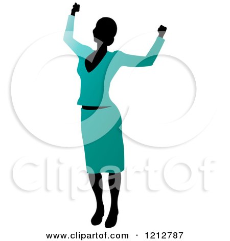 Clipart of a Silhouetted Woman Cheering in a Turquoise Blouse and Skirt - Royalty Free Vector Illustration by Lal Perera