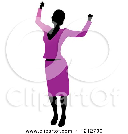 Clipart of a Silhouetted Woman Cheering in a Purple Blouse and Skirt - Royalty Free Vector Illustration by Lal Perera