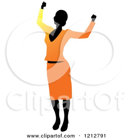 Clipart of a Silhouetted Woman Cheering in an Orange Blouse and Skirt - Royalty Free Vector Illustration by Lal Perera
