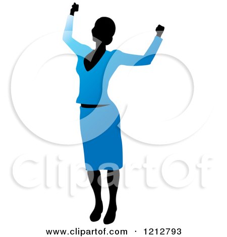 Clipart of a Silhouetted Woman Cheering in a Blue Blouse and Skirt - Royalty Free Vector Illustration by Lal Perera