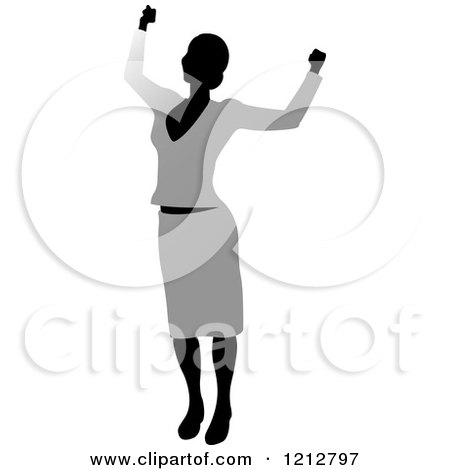 Clipart of a Silhouetted Woman Cheering in a Gray Blouse and Skirt - Royalty Free Vector Illustration by Lal Perera