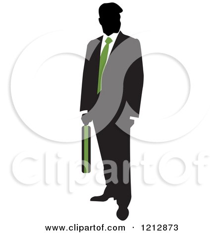 Clipart of a Silhouetted Businessman with a Green Tie and Briefcase - Royalty Free Vector Illustration by Lal Perera