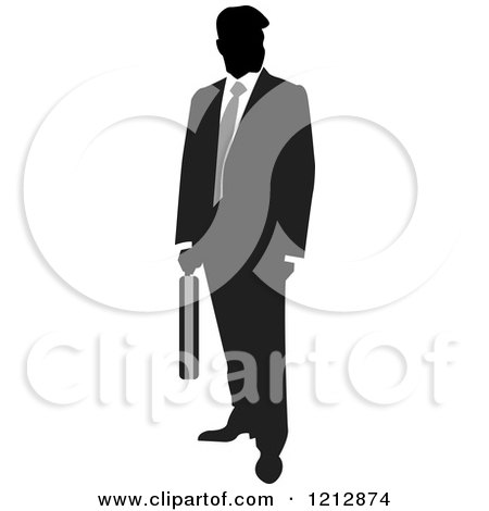 Clipart of a Silhouetted Businessman with a Gray Tie and Briefcase - Royalty Free Vector Illustration by Lal Perera