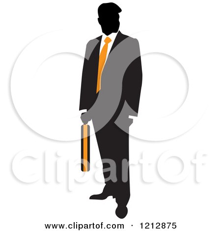 Clipart of a Silhouetted Businessman with an Orange Tie and Briefcase - Royalty Free Vector Illustration by Lal Perera