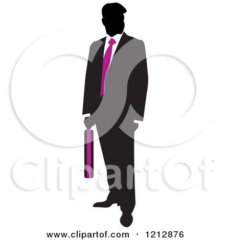 Clipart of a Silhouetted Businessman with a Pink Tie and Briefcase - Royalty Free Vector Illustration by Lal Perera