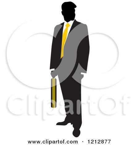 Clipart of a Silhouetted Businessman with a Yellow Tie and Briefcase - Royalty Free Vector Illustration by Lal Perera