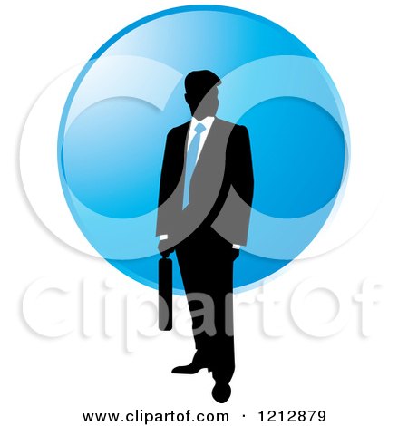 Clipart of a Silhouetted Businessman with a Blue Tie and Briefcase over a Circle - Royalty Free Vector Illustration by Lal Perera