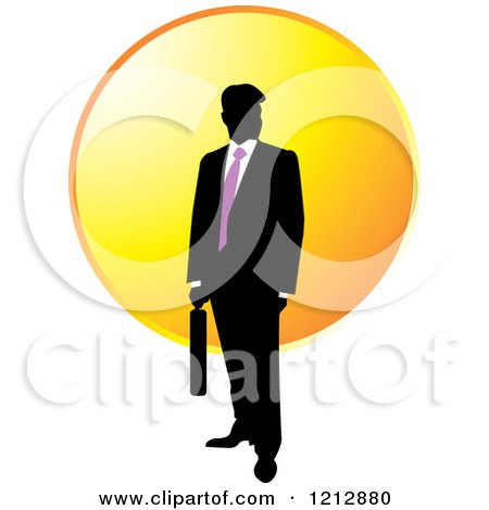 Clipart of a Silhouetted Businessman with a Purple Tie and Briefcase over a Circle - Royalty Free Vector Illustration by Lal Perera