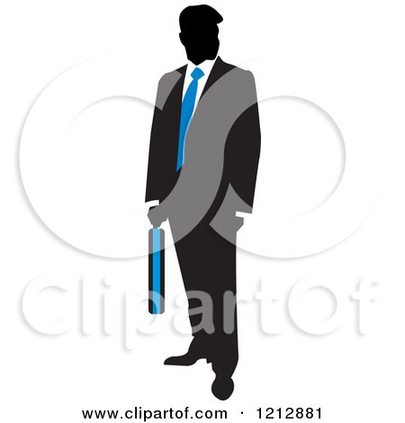 Clipart of a Silhouetted Businessman with a Blue Tie and Briefcase - Royalty Free Vector Illustration by Lal Perera