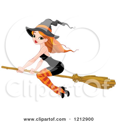 Cartoon of a Sexy Red Haired Halloween Witch in a Black Dress, Flying on a Broomstick - Royalty Free Vector Clipart by Pushkin