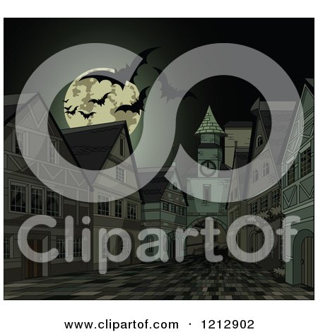Cartoon of a Full Moon and Vampire Bats over a Dark Spooky Halloween Town - Royalty Free Vector Clipart by Pushkin